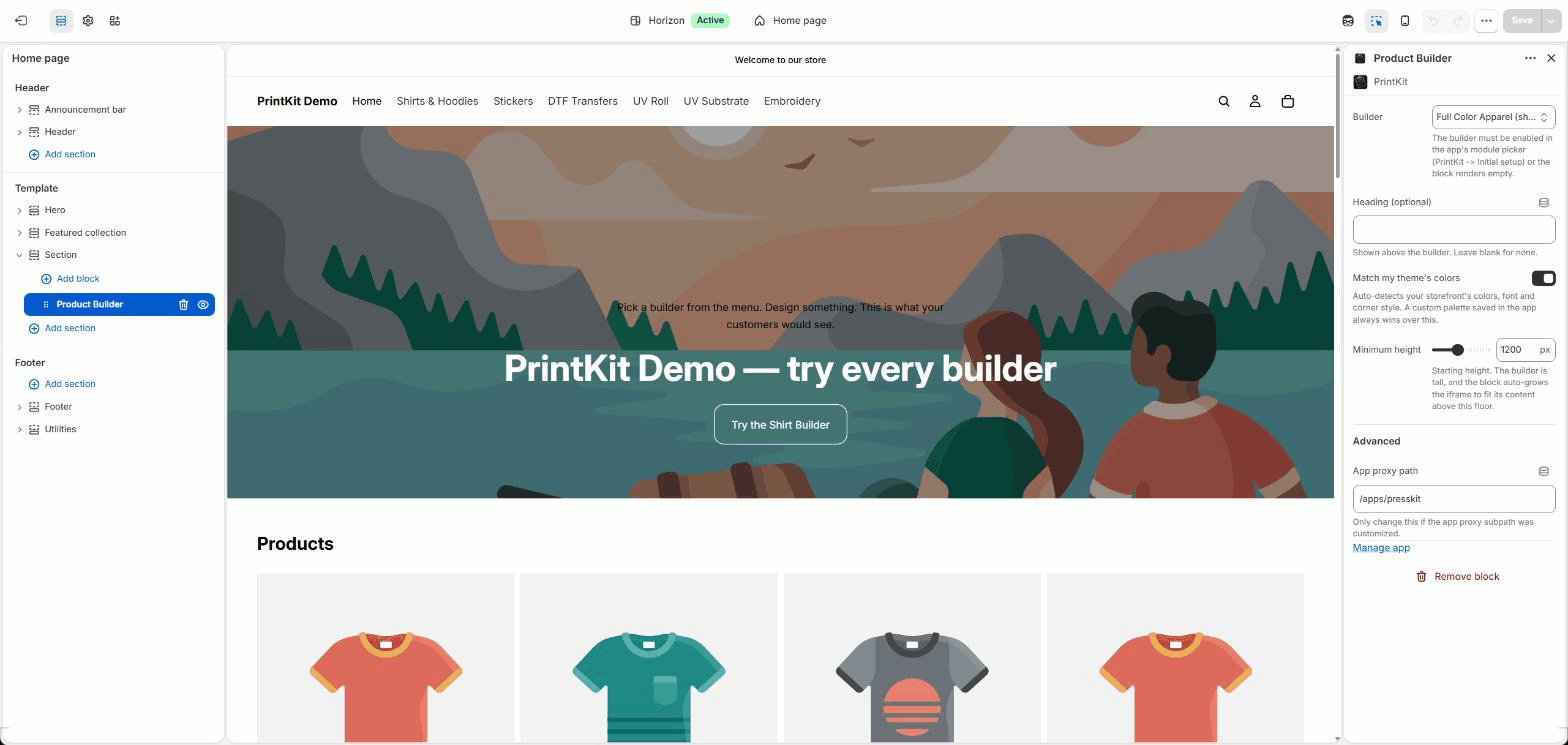 Shopify theme editor with the Product Builder app block selected and its settings panel open.