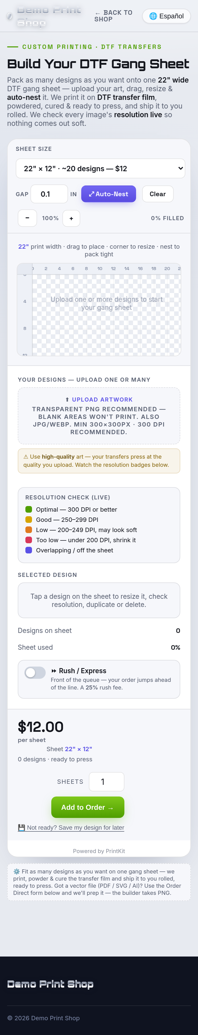 The DTF Transfers & Gang Sheets builder on a phone.