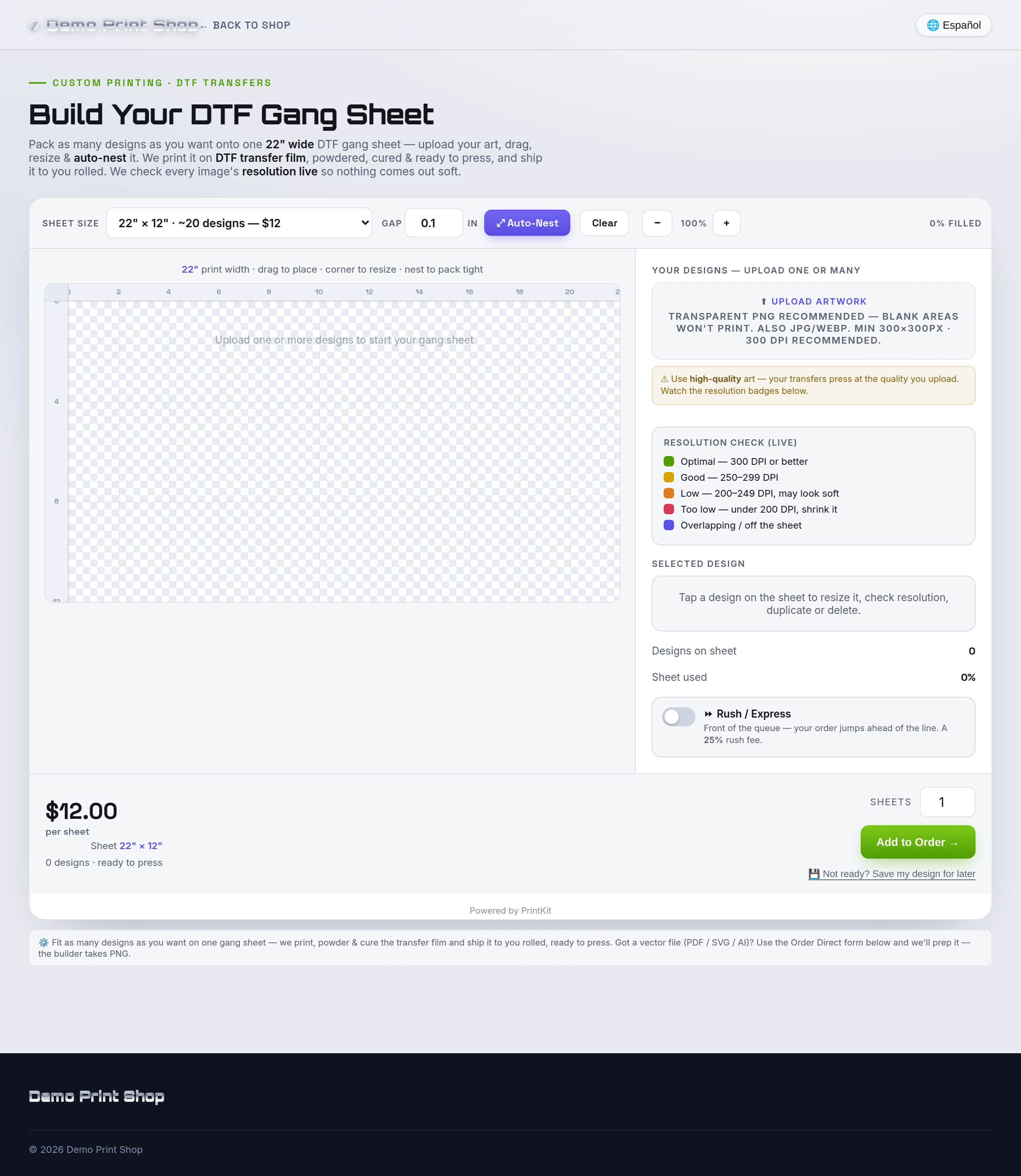 The DTF Transfers & Gang Sheets builder on a storefront product page: a true-scale sheet, auto-nest toolbar, per-design resolution badges and a selected-design panel.