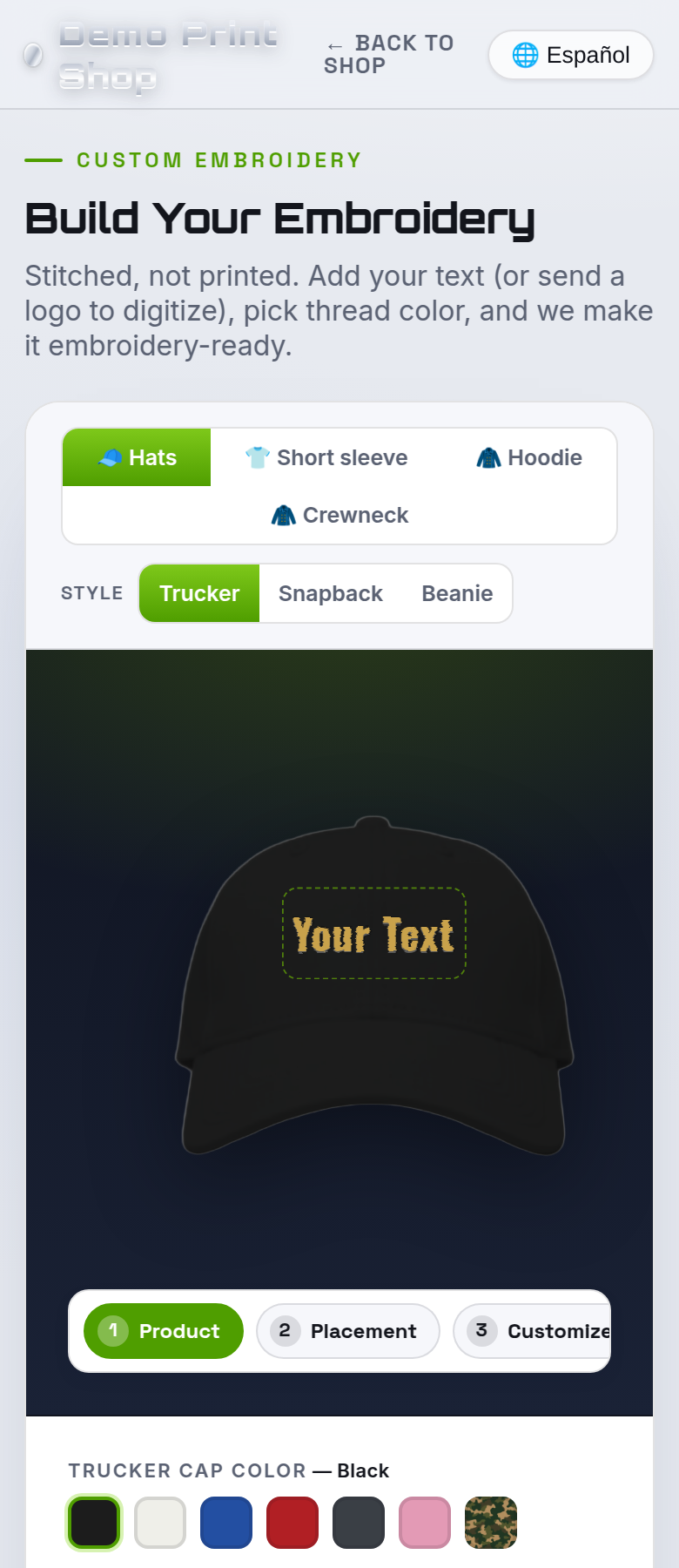 The Embroidered Apparel Builder on a phone.