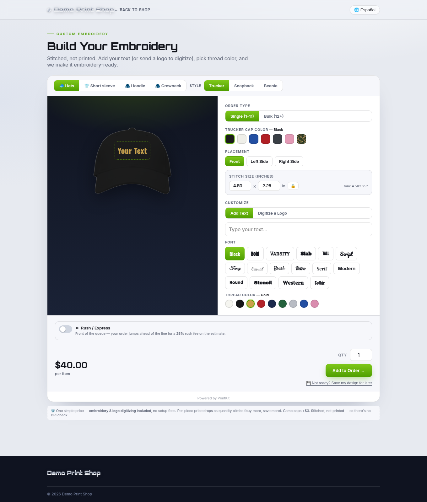 The Embroidered Apparel Builder on a storefront product page: order type, item, color swatches with the color named, placement, stitch size and a live price.