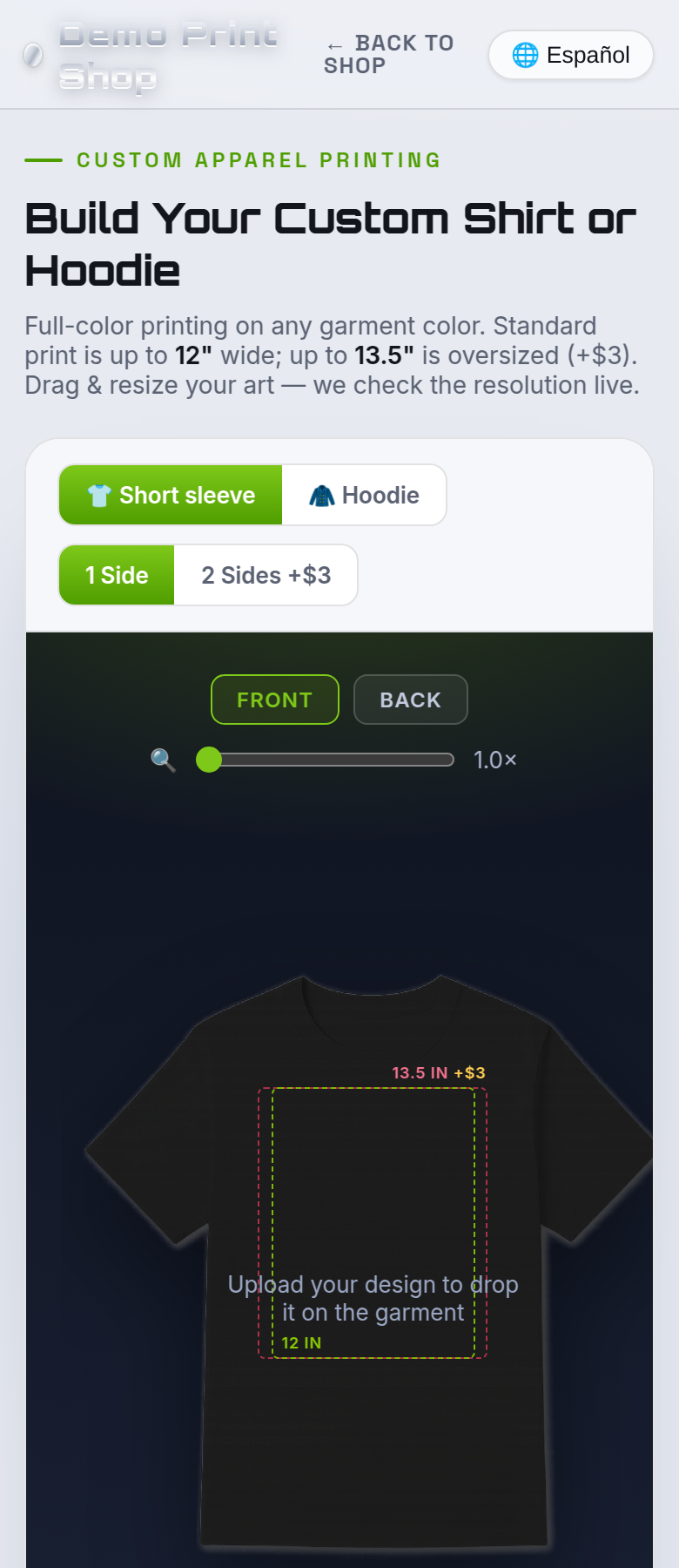 The Full Color Apparel Builder on a phone.