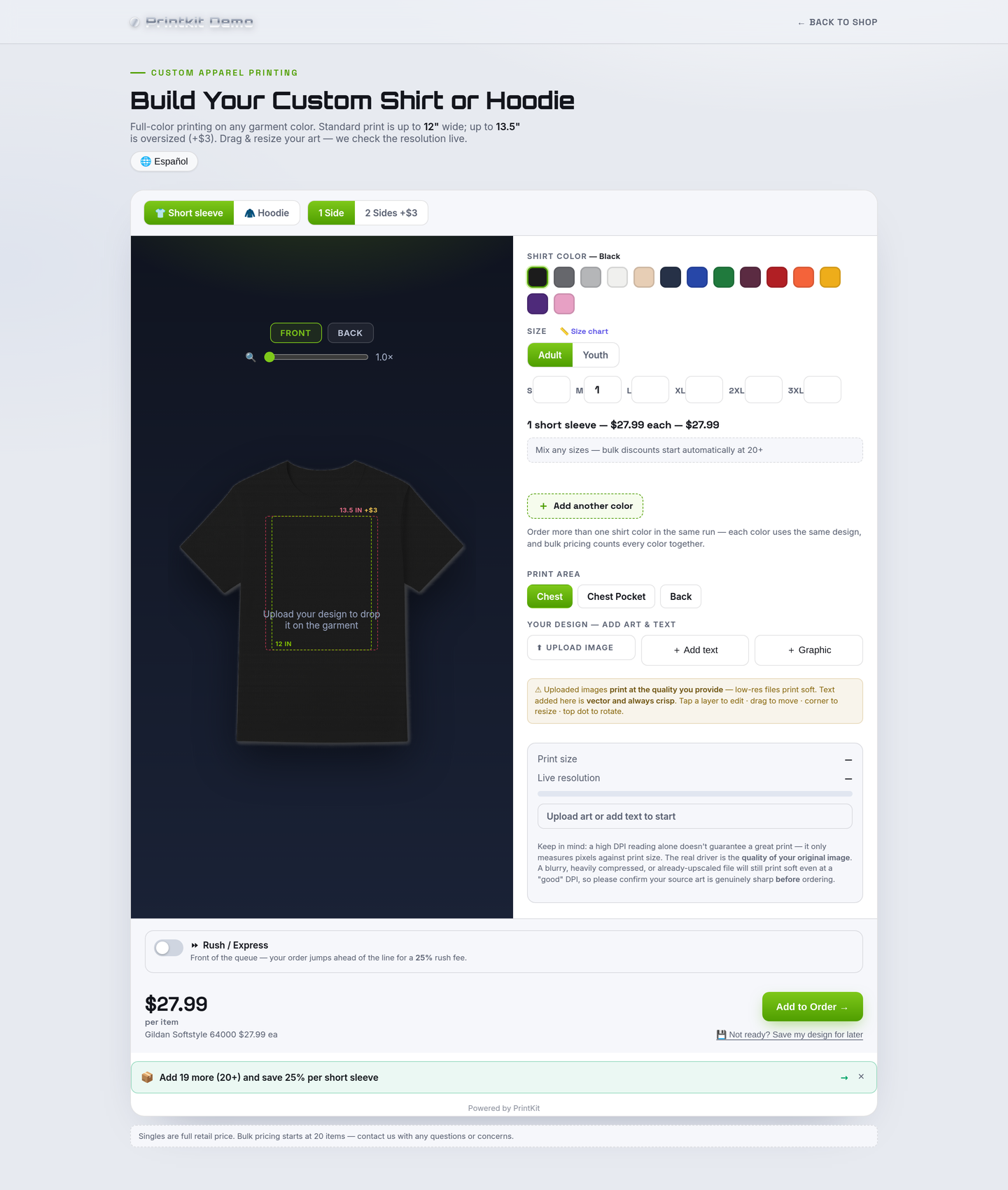 The Full Color Apparel Builder on a storefront product page: garment and side tabs, a true-scale canvas with print-area guides, color swatches with the selected color named, an adult/youth size grid, print area buttons and a live resolution panel.