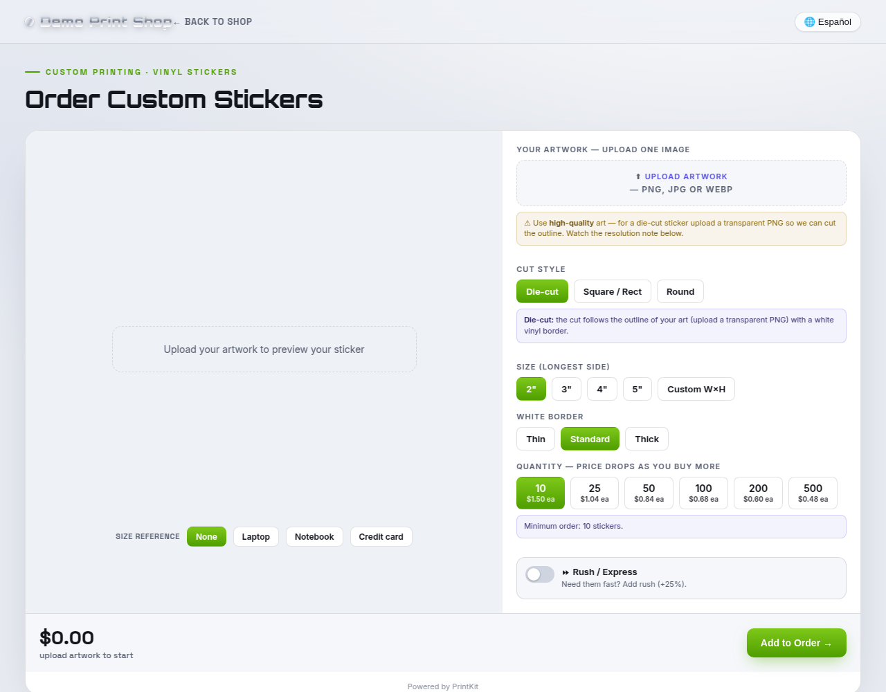 Single-sticker mode: upload one image, choose cut style, size, white border and quantity, with a live per-unit price and a minimum-order note.