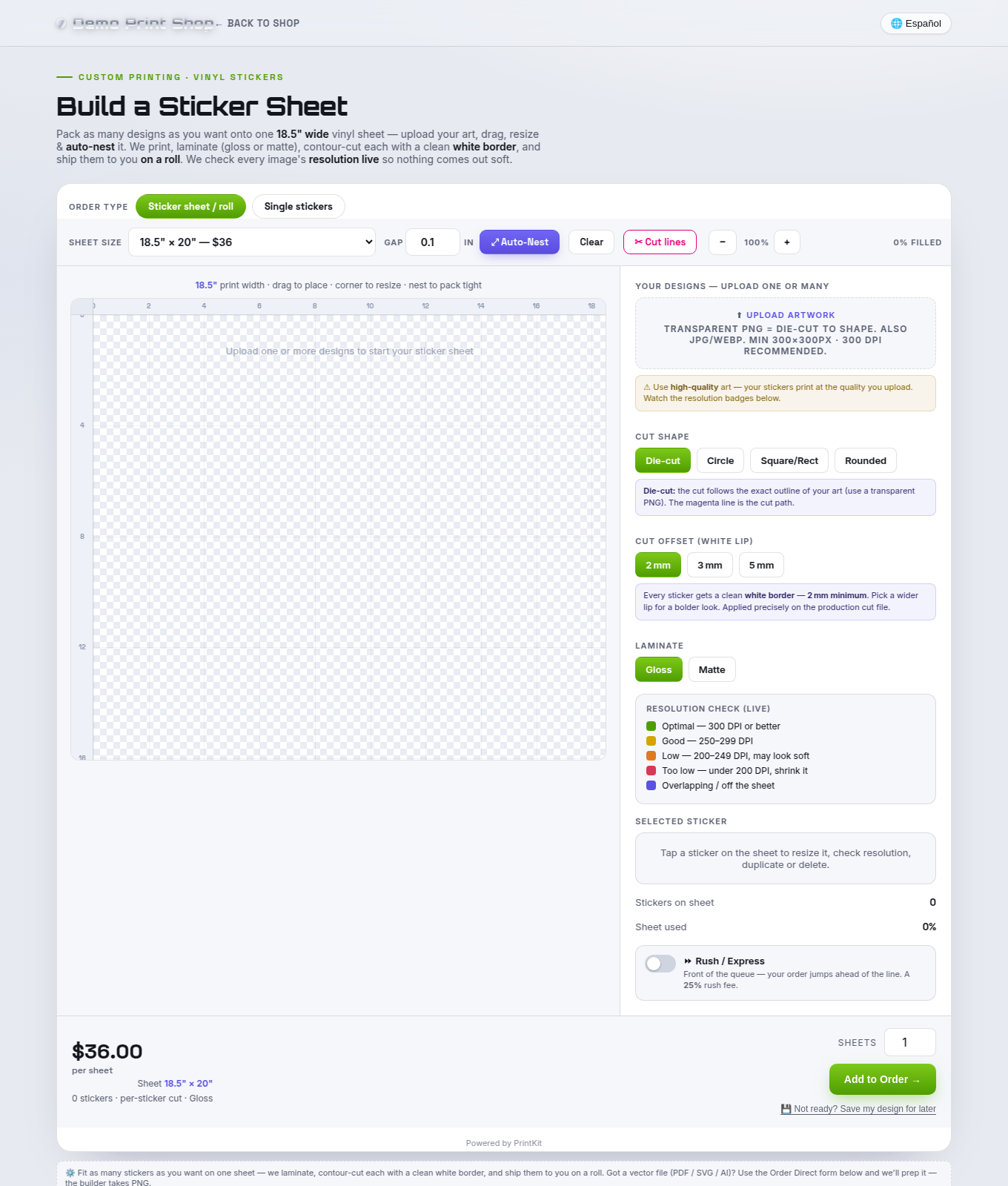 The Sticker Sheet Builder in sheet/roll mode: sheet-size picker, auto-nest toolbar, true-scale ruler, cut shape, white lip, laminate and a live resolution key.