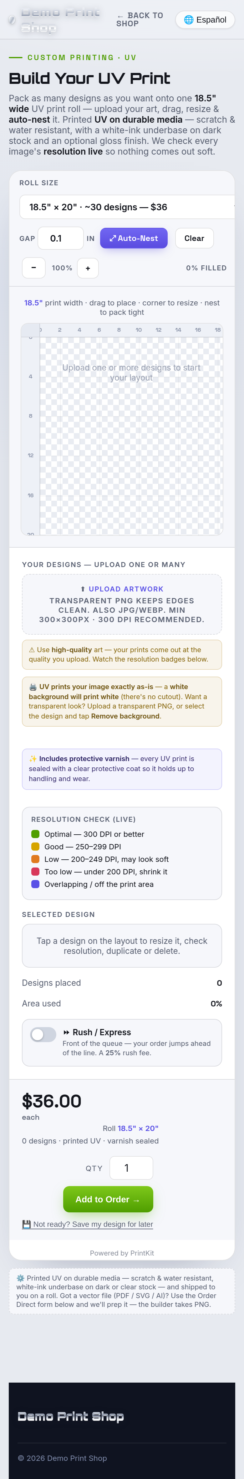 The UV Roll builder on a phone.