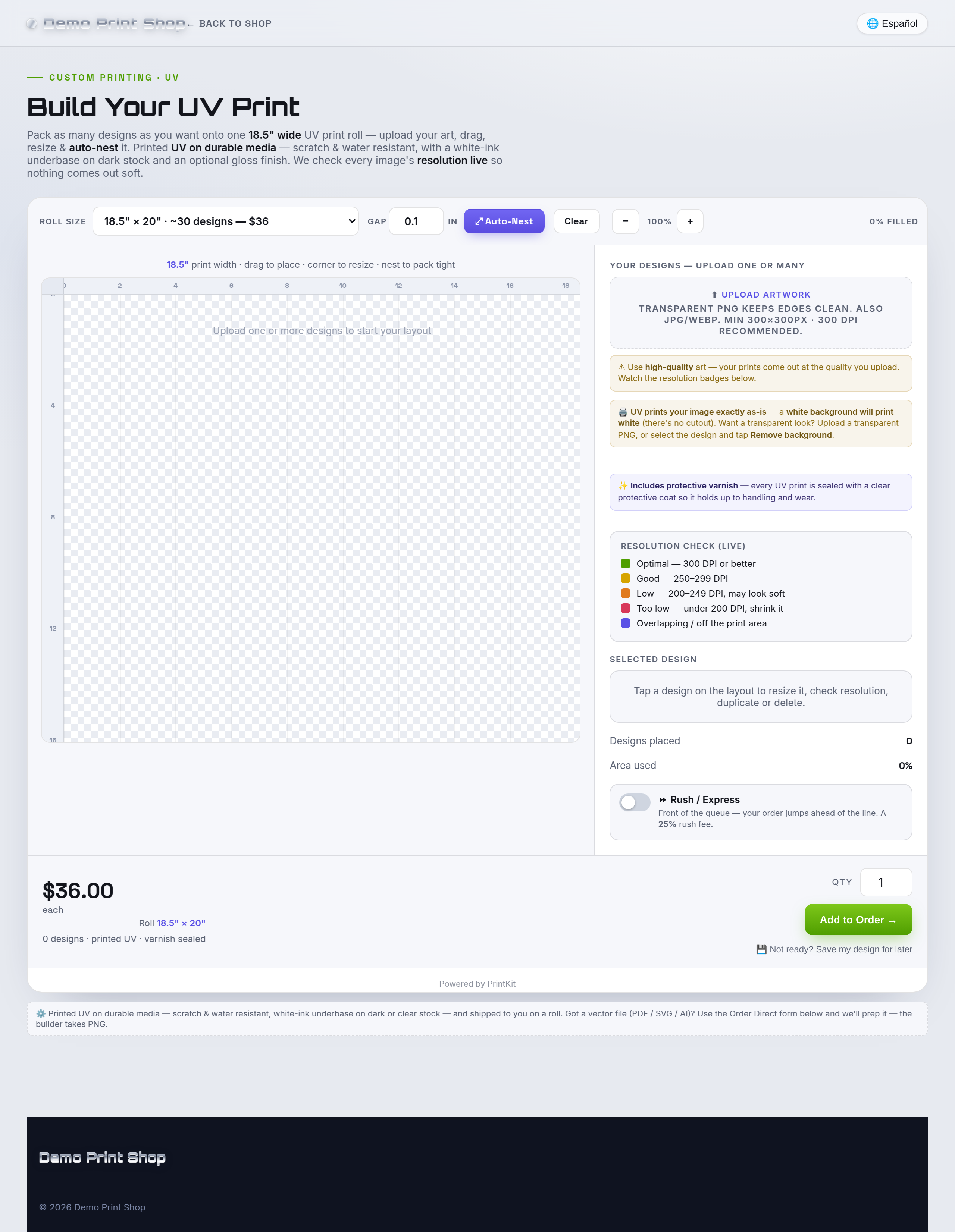 The UV Roll builder on a storefront product page: a true-scale layout area, auto-nest toolbar and a selected-design panel.