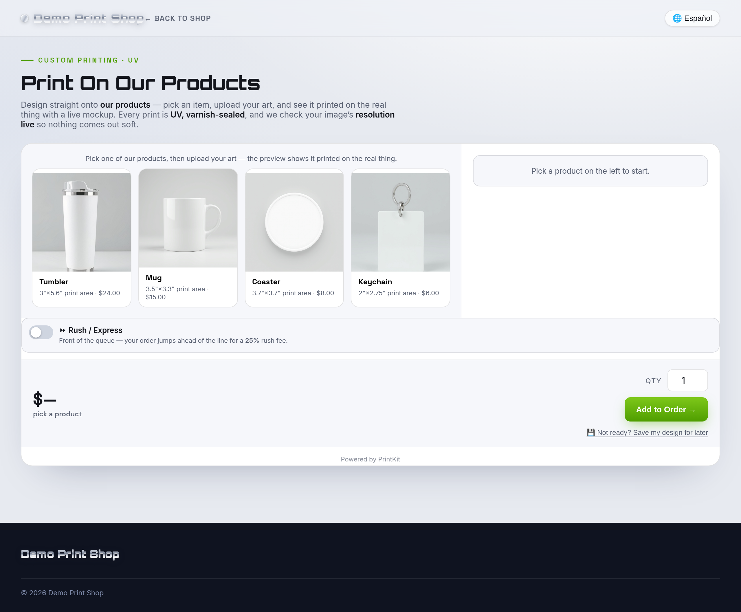 The UV Substrate builder on a storefront product page: a product picker, a live mockup of the real item with a safe print area, and a print-size panel.