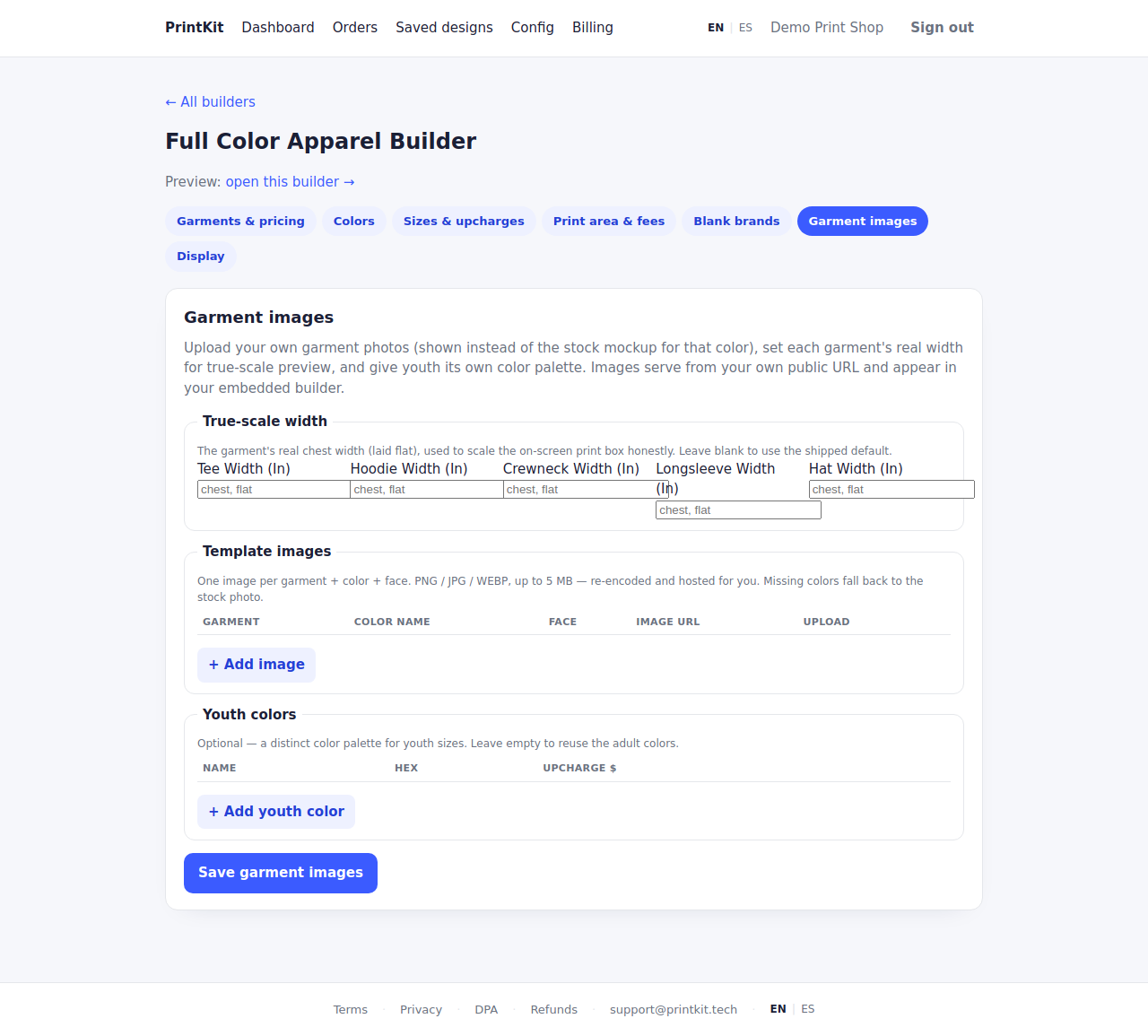 The Garment images tab: true-scale chest widths per garment, a template images table for garment, color, face and image, and an optional youth colors palette.