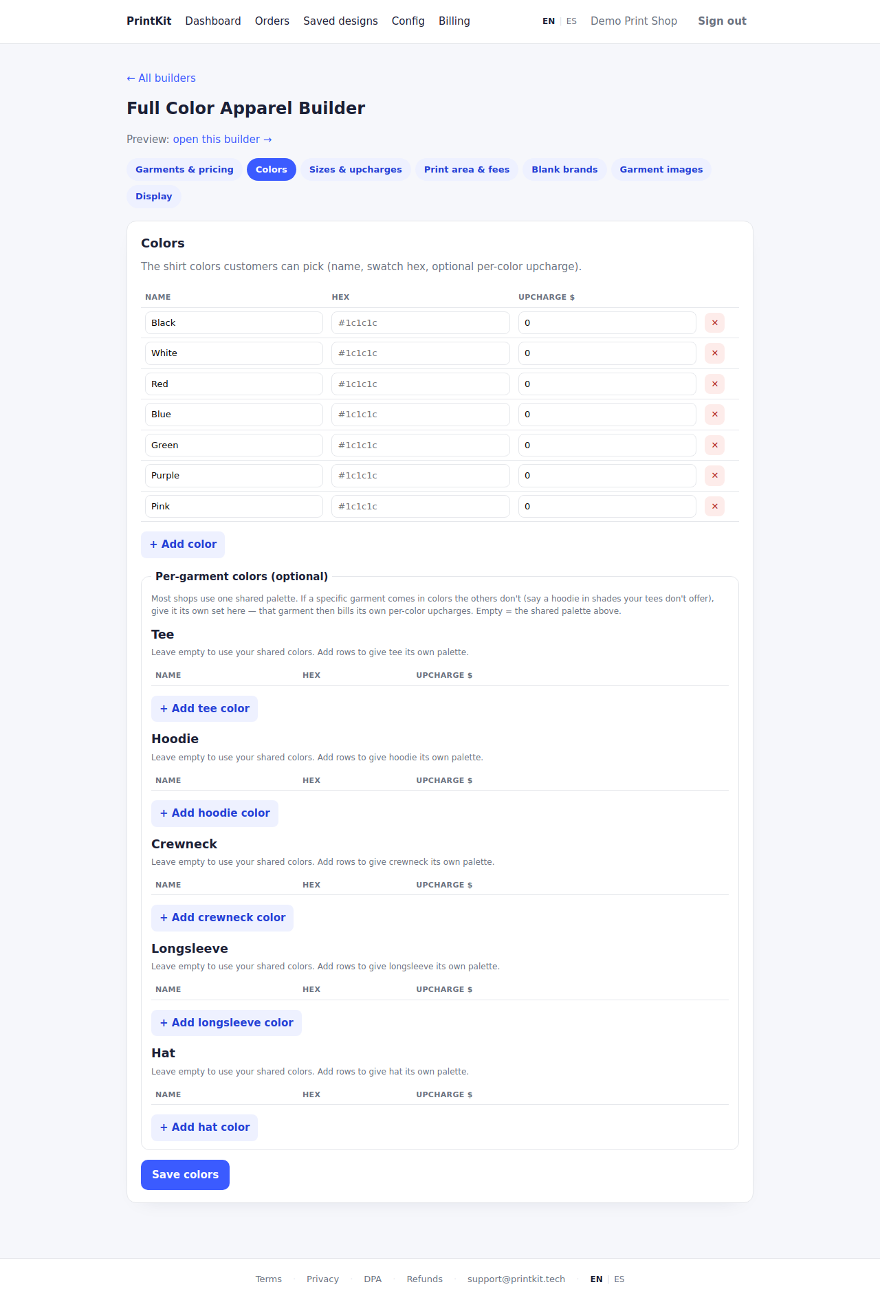 The Colors tab of the apparel builder setup: a shared palette table of name, hex and upcharge, and below it a per-garment colors section with an empty palette for each garment.