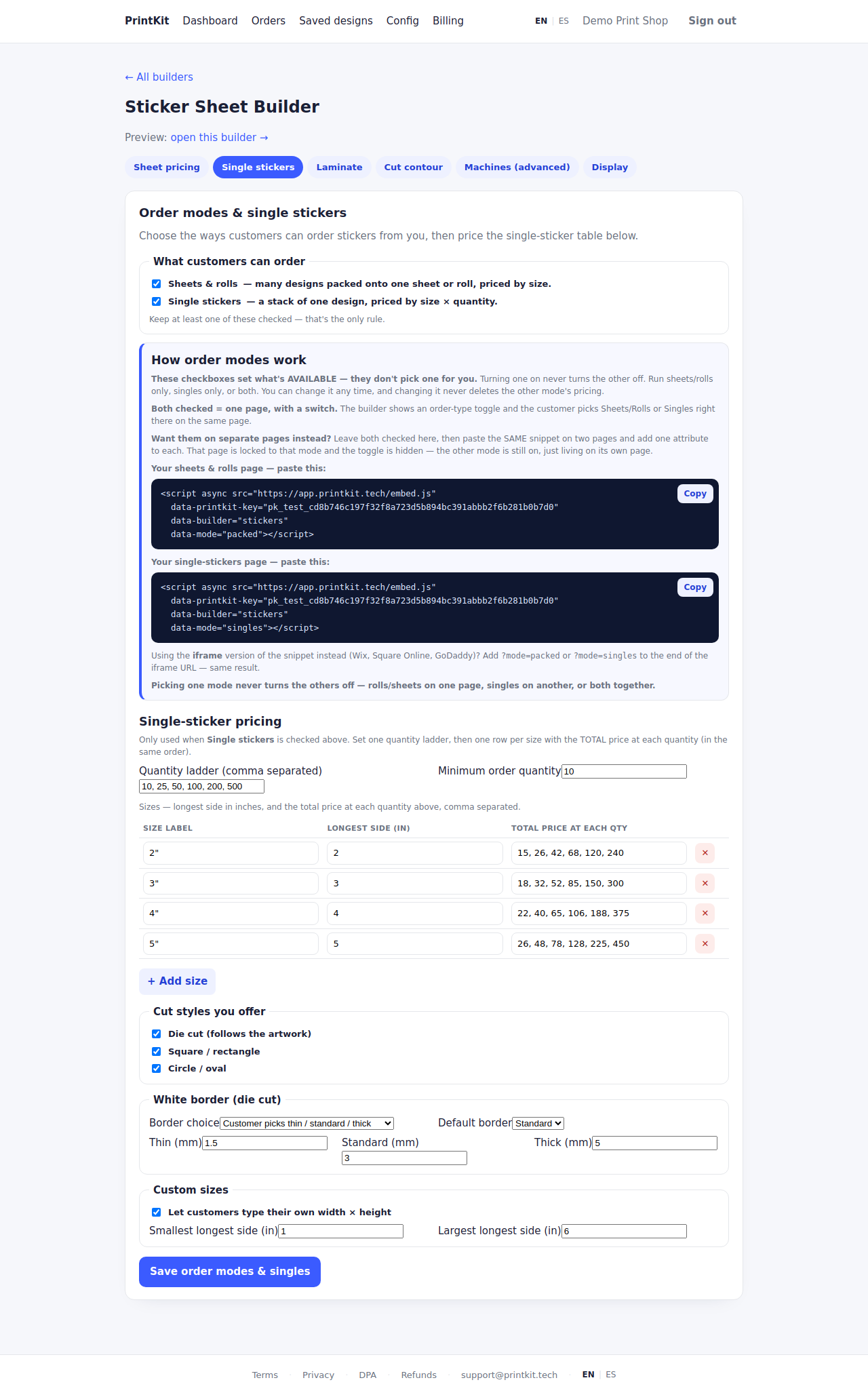 The Single stickers configuration tab: order-mode checkboxes, an explainer, the mode-lock snippets, the size and quantity price grid, cut styles, white border and custom sizes.