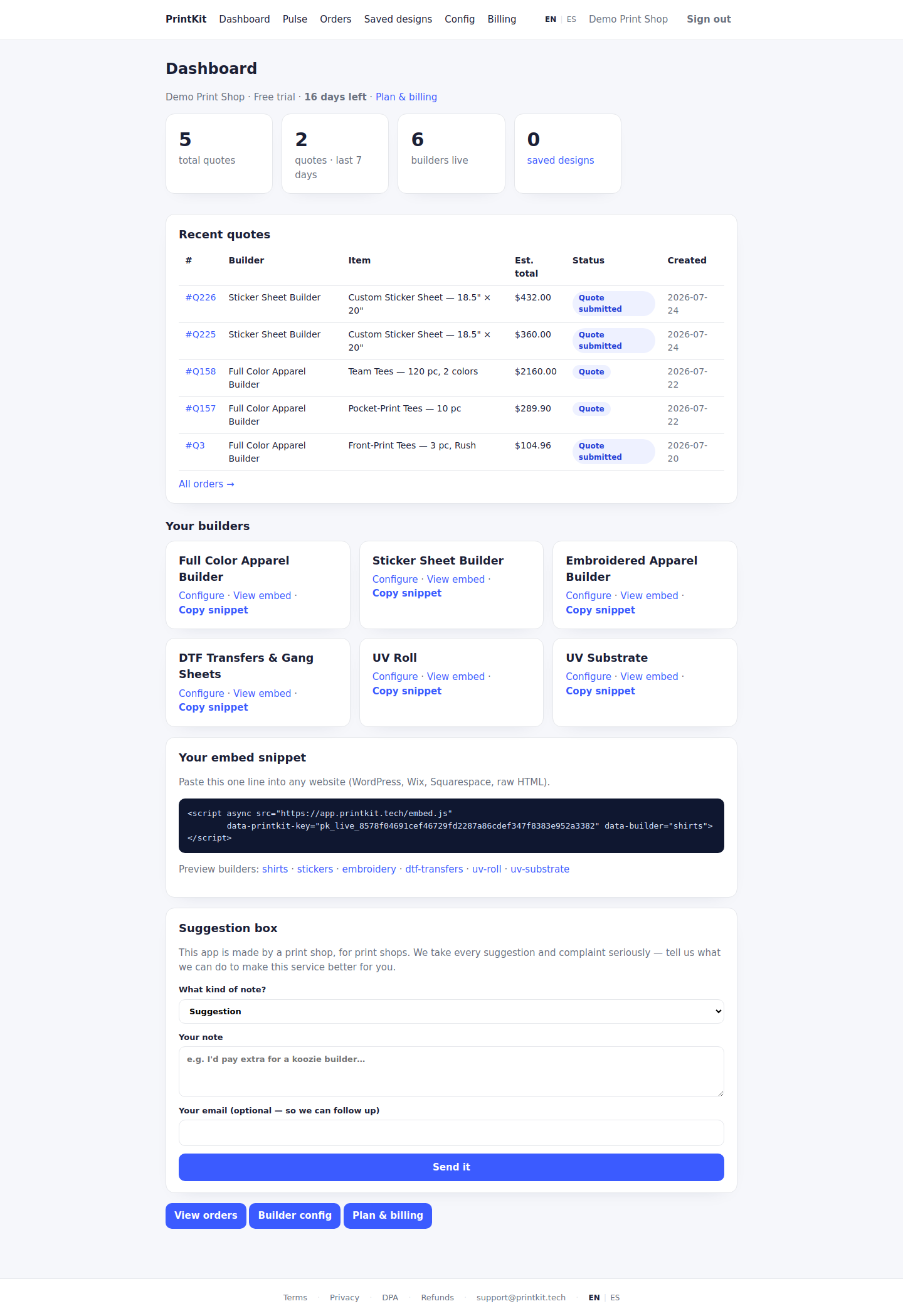 The PrintKit merchant portal dashboard: trial status, quote and builder counts, recent quotes, builder cards with Configure and Copy snippet links, and the embed snippet.