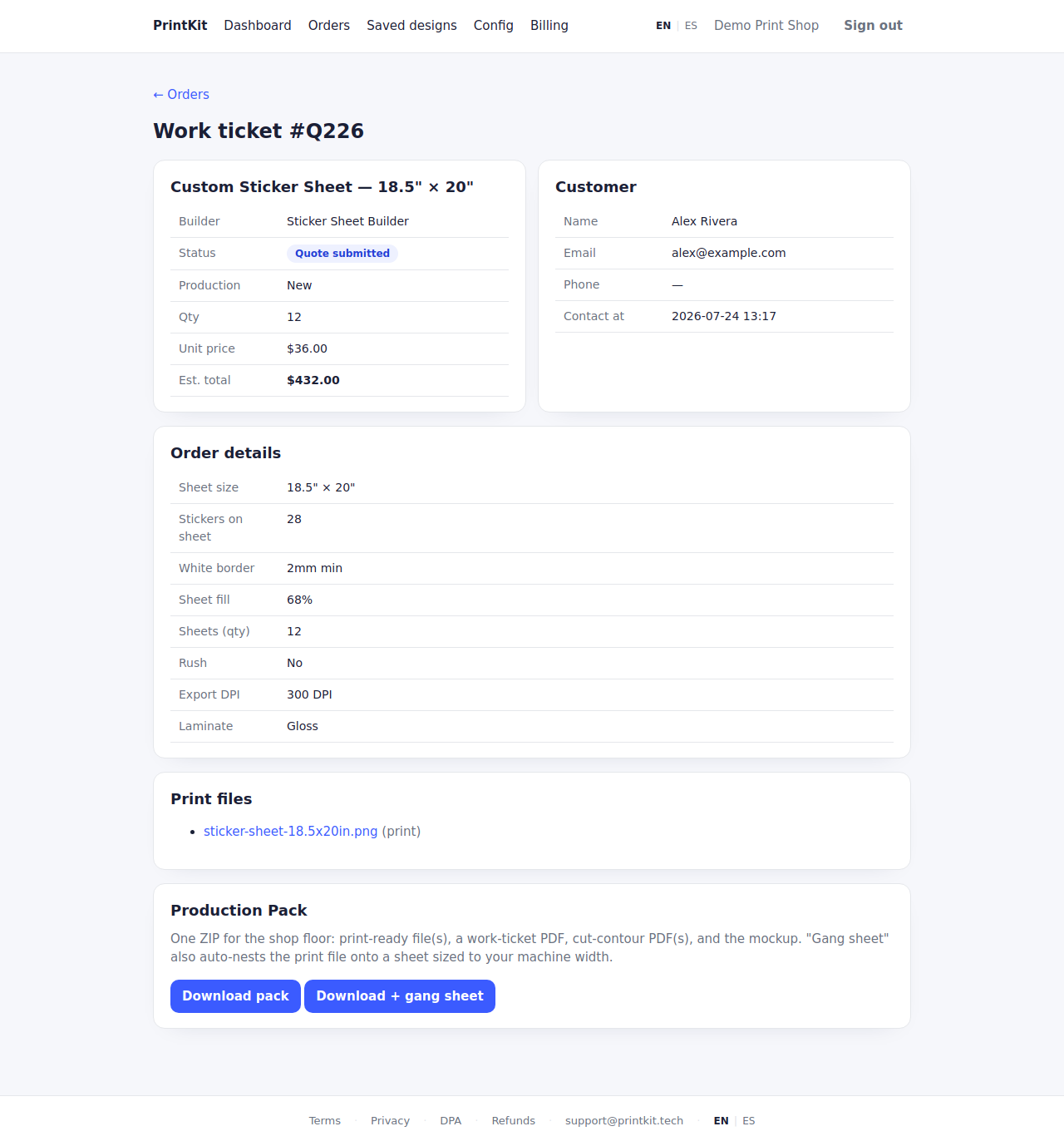 A PrintKit work ticket: item and customer cards, an order details table, the print file list and the Production Pack download buttons.