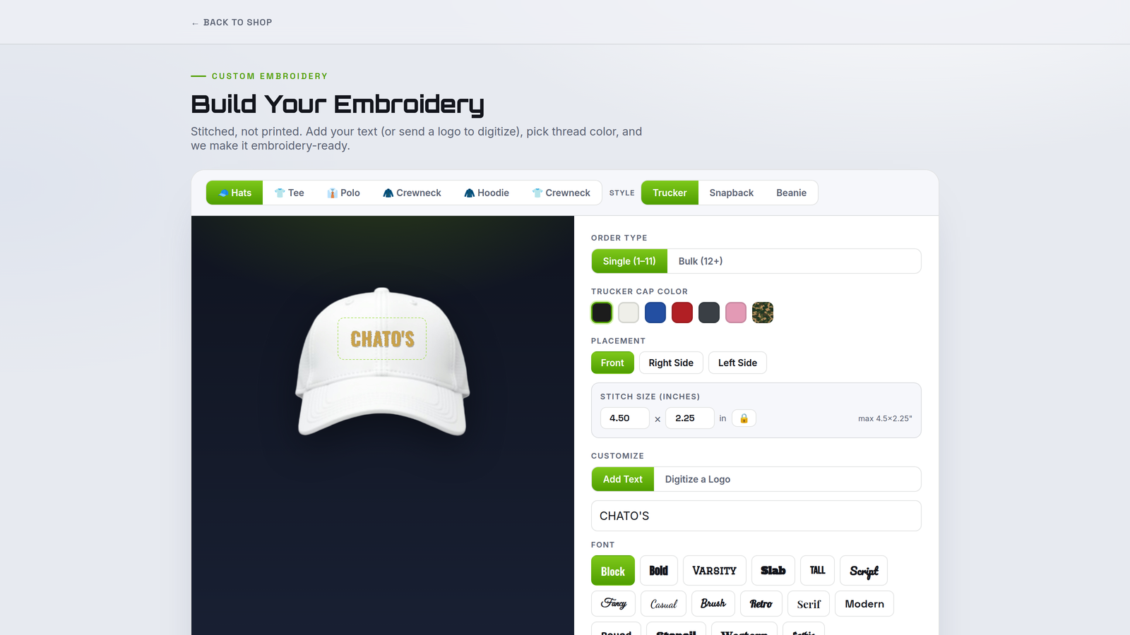 Embroidered Apparel Builder — placement, size and thread choices with live stitch-count pricing.