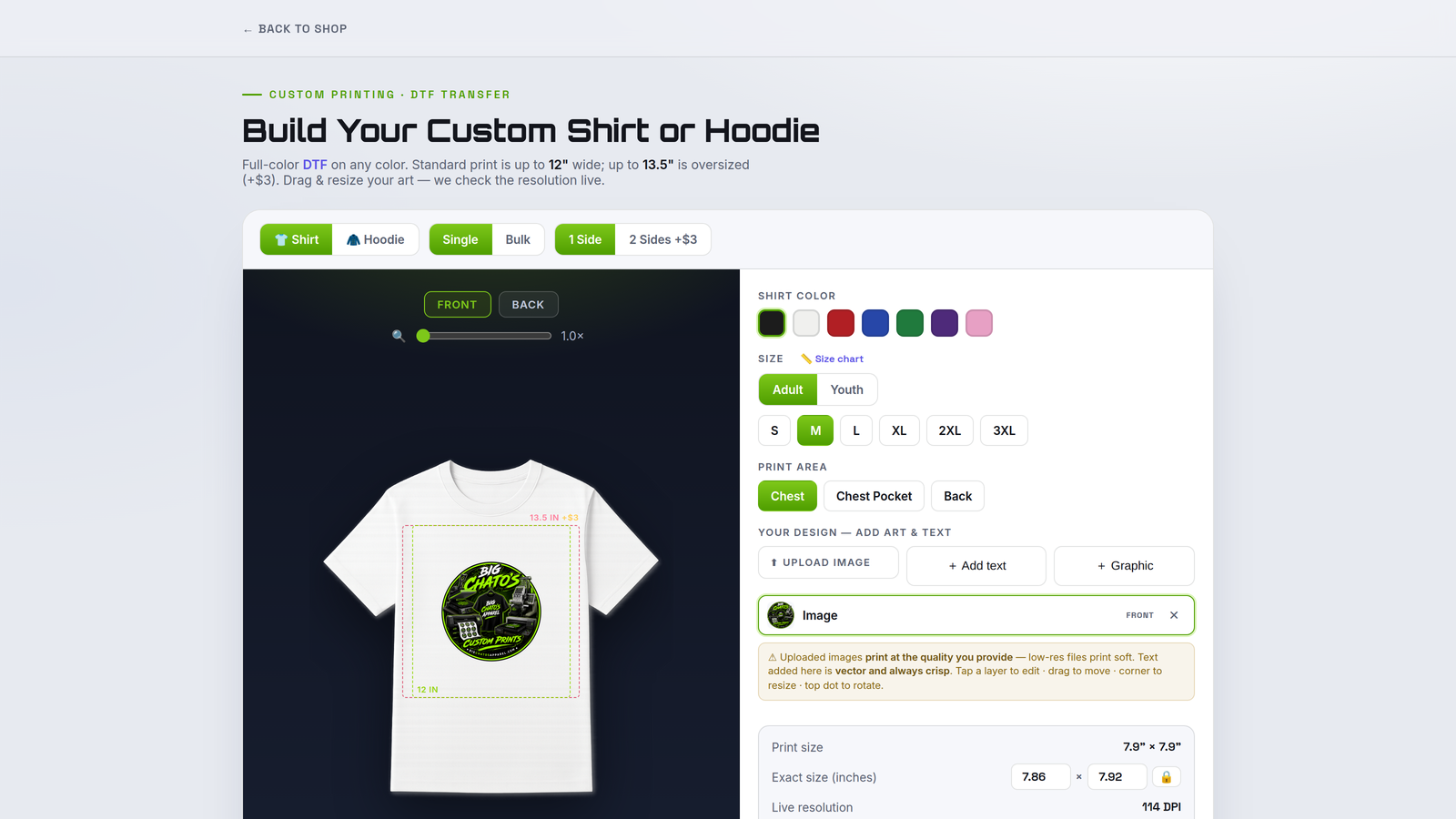 Full Color Apparel Builder — designing a custom shirt with print-area guides and live DPI.
