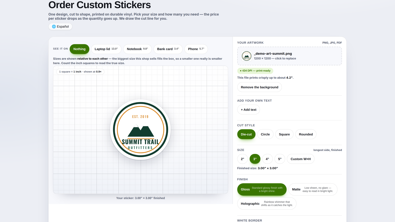 Single Sticker Builder &mdash; one design cut to shape, shown at true scale on a labelled inch grid with a live resolution check.