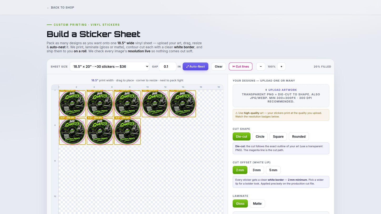 Sticker Sheet Builder — designs auto-nested on a vinyl sheet with a magenta cut line.