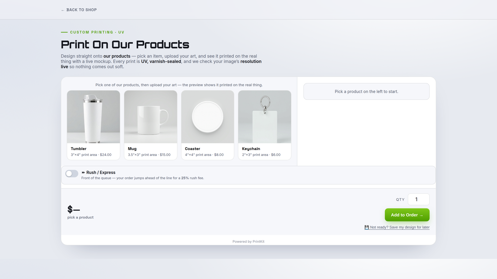 UV Substrate Builder — placing artwork on a hard-good substrate inside the safe area.