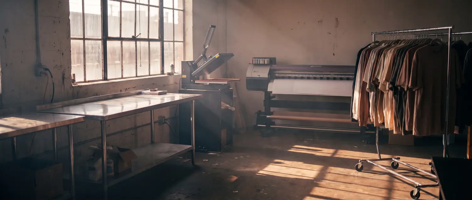A small custom apparel print shop in the late afternoon — blank garments on a rack, a heat press and a wide-format printer.